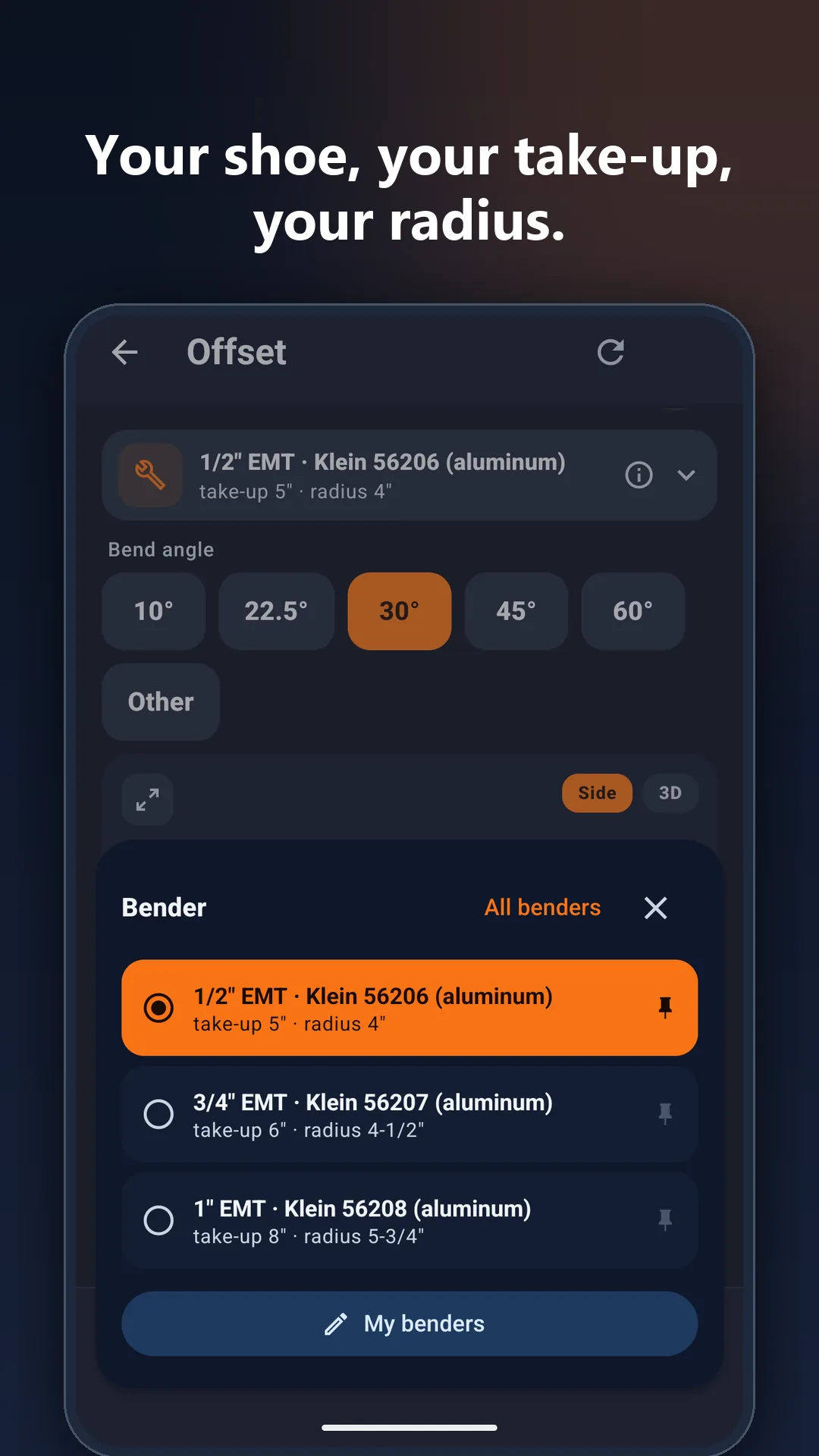 Conduit Bending Calculator app screen