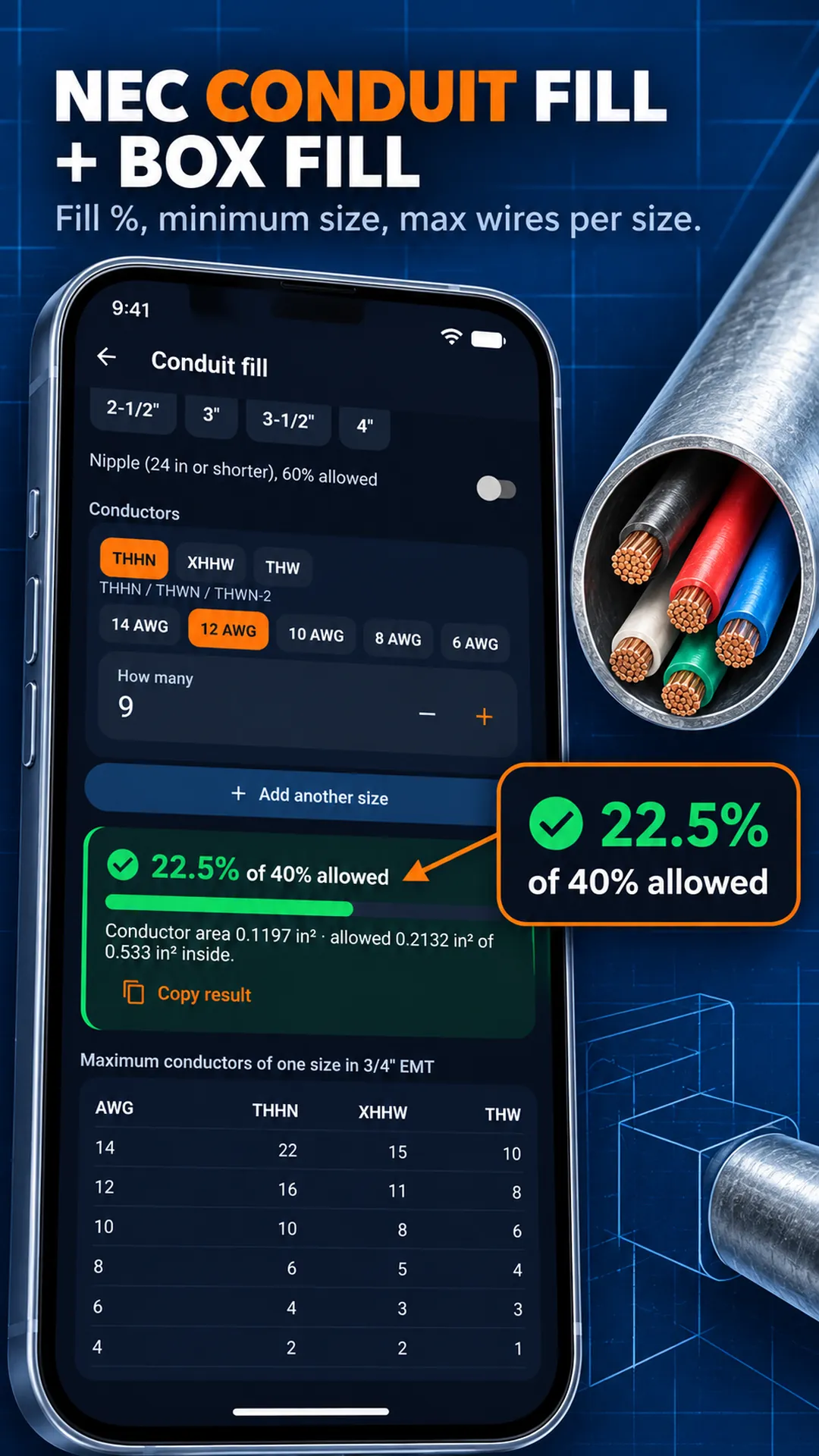 Bender Counting Conduit Fill Calculator (NEC Chapter 9): EMT, PVC, Rigid