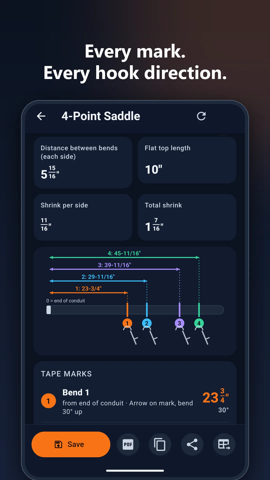 Conduit Bending Calculator app screen