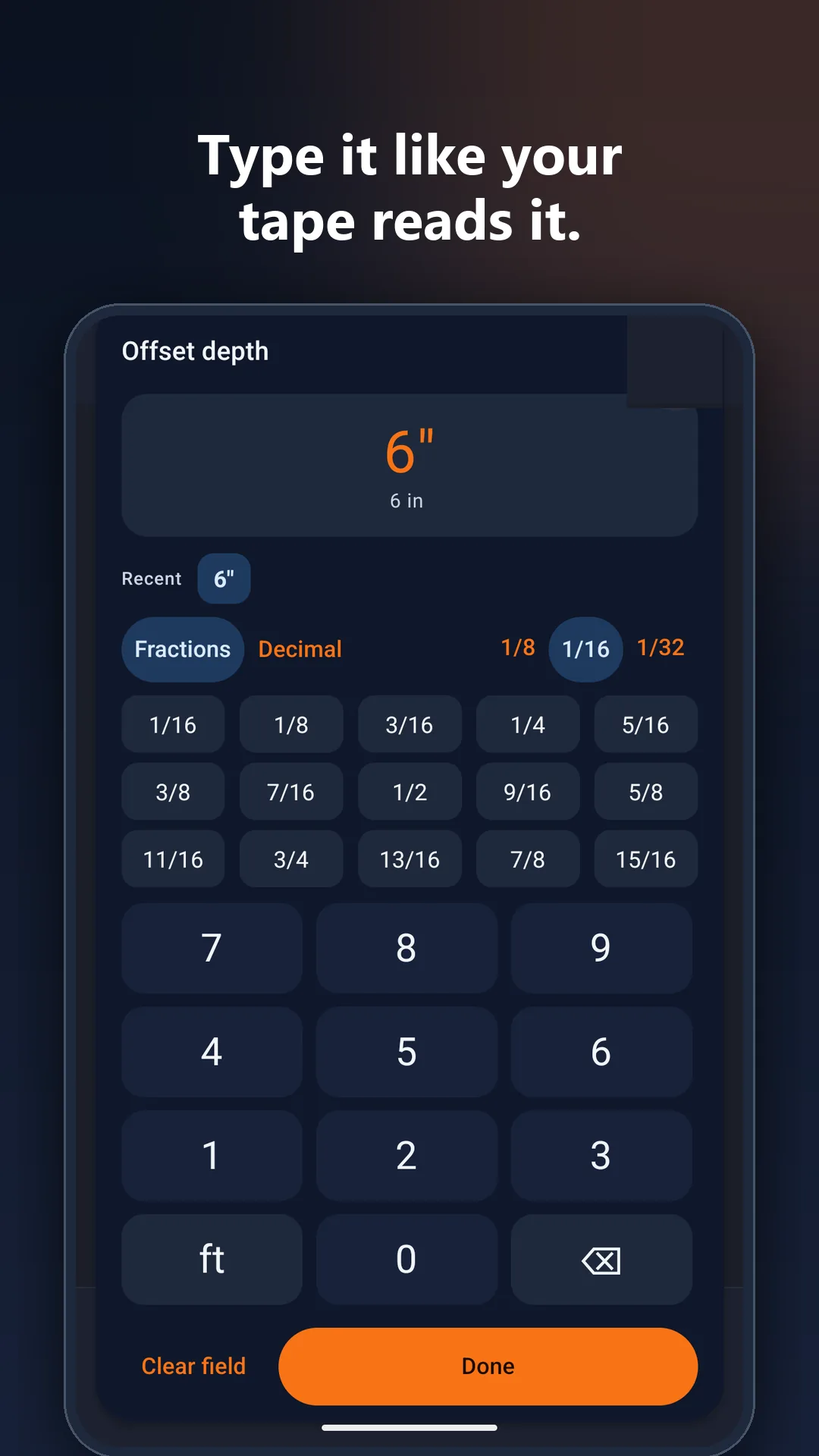 Conduit Bending Calculator app: Tape keypad with 1/8, 1/16 and 1/32