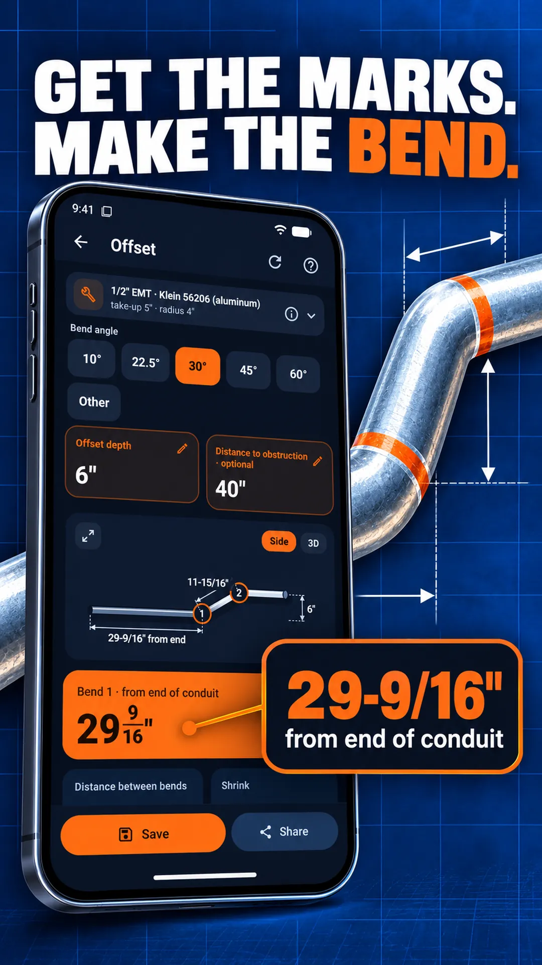 Conduit Bending Calculator app screen
