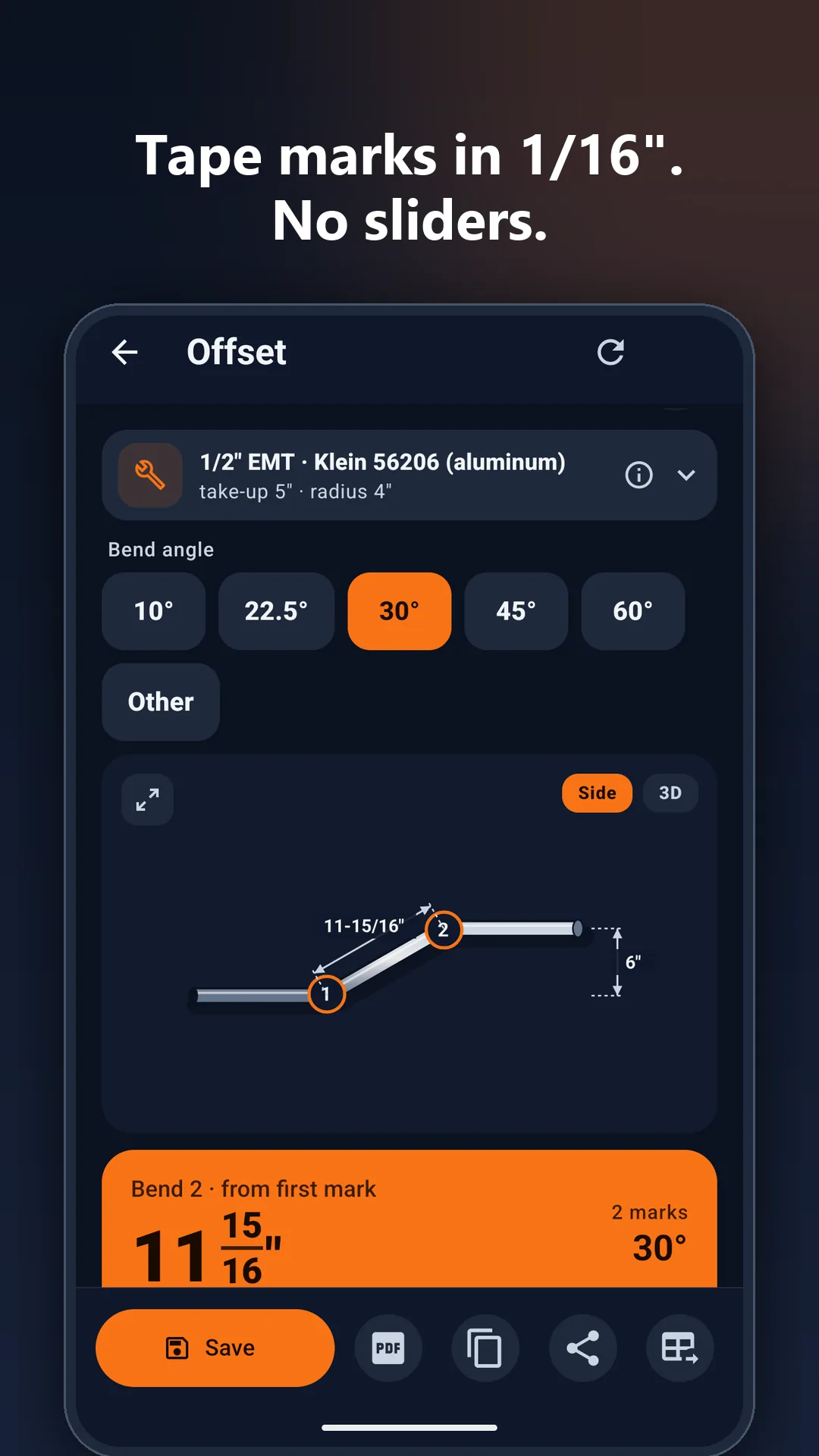 Conduit Bending Calculator app screen