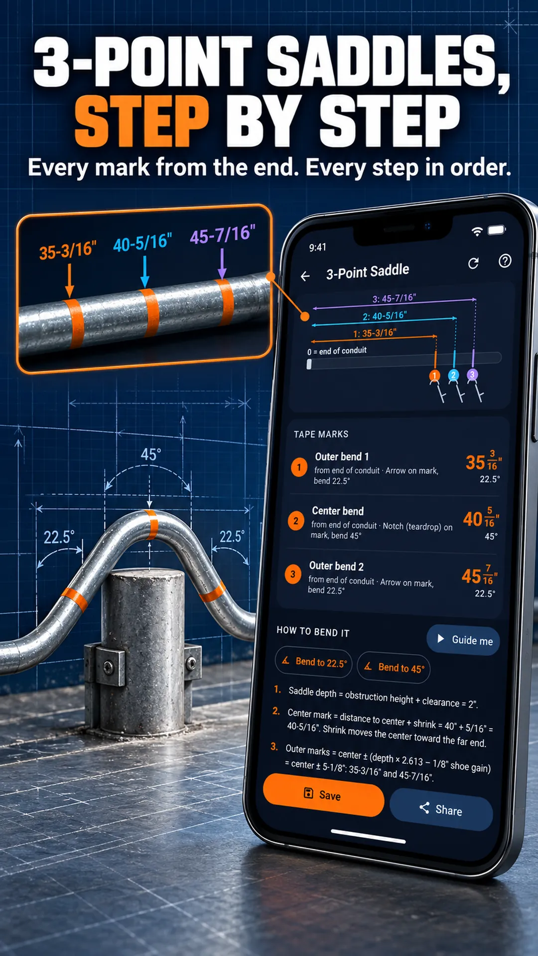 Conduit Bending Calculator app screen