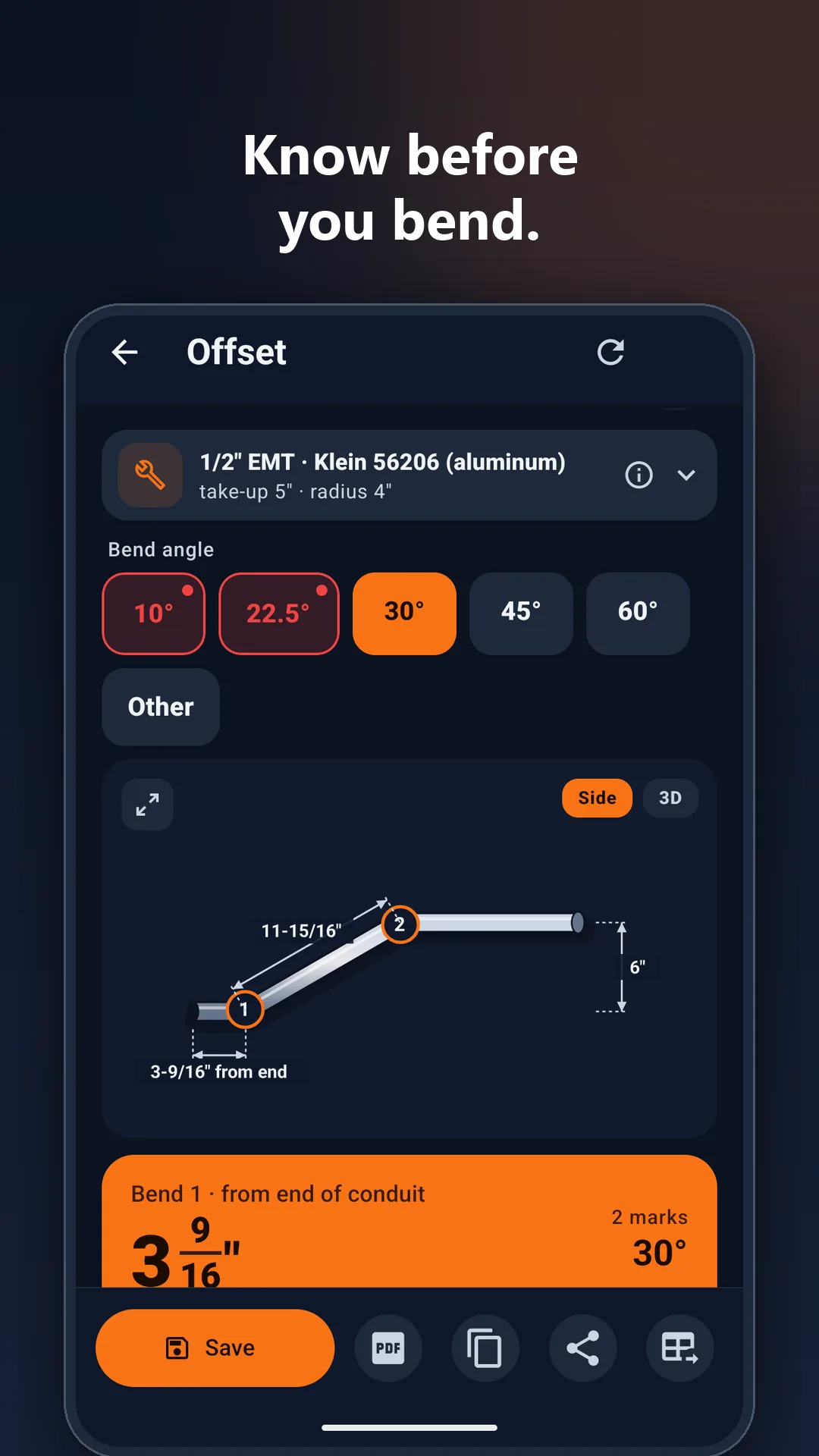 Conduit Bending Calculator app: Angles that cannot be made turn red